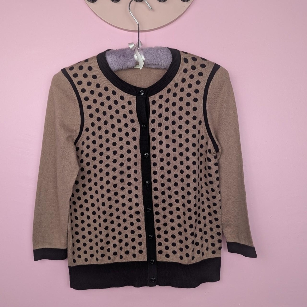 Ann Taylor Loft Petites Puce Purple & Black Polka Dot 3/4 Sleeve Cardigan
